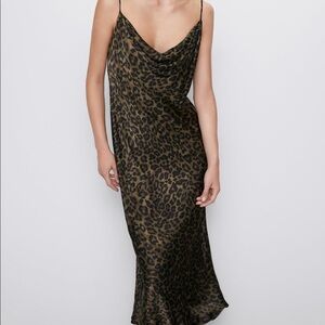 Zara Leopard Satin Flowing Camisole Slip Midi Dress